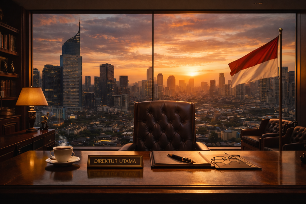 Foreign Investment Control Architecture Indonesia illustrated by executive office overlooking Jakarta skyline