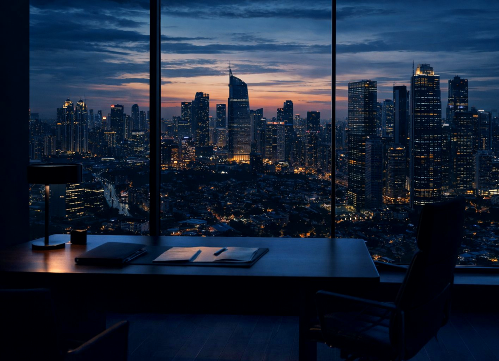 Executive office overlooking Jakarta skyline representing regulatory authority and foreign investment control in Indonesia