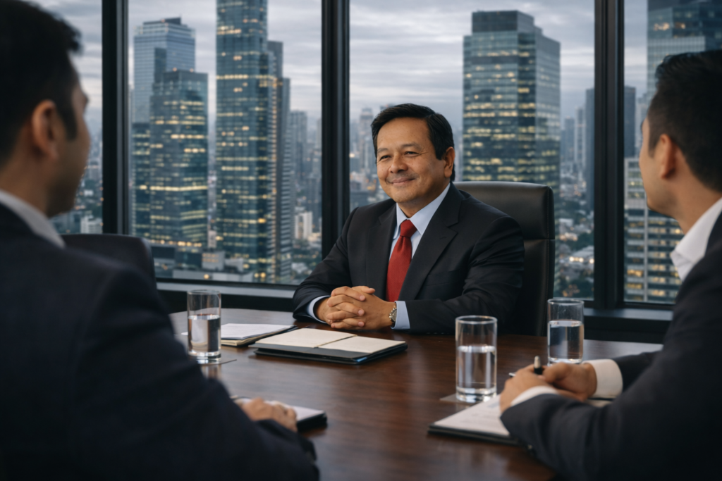 Dr. Padriadi Wiharjokusumo in a corporate strategy meeting discussing foreign investment risk in Indonesia with a modern skyline backdrop.