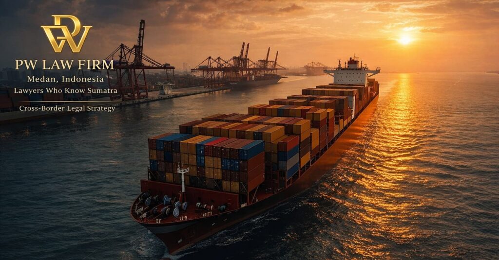 Container ship in Southeast Asia shipping corridor representing cross-border legal structure and investment strategy linked to Singapore and Sumatra