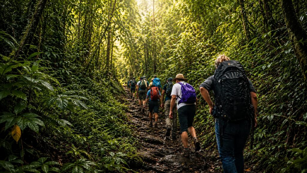 Foreign expedition group walking through Indonesian rainforest, representing Dr. Padriadi Wiharjokusumo’s earlier inbound tourism and expedition experience shaping cross-border legal advisory in Indonesia.