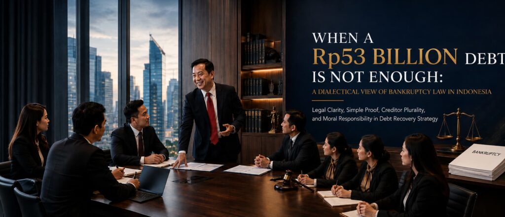 Bankruptcy Law in Indonesia legal team discussing corporate dispute, simple proof, creditor plurality, and debt recovery strategy
