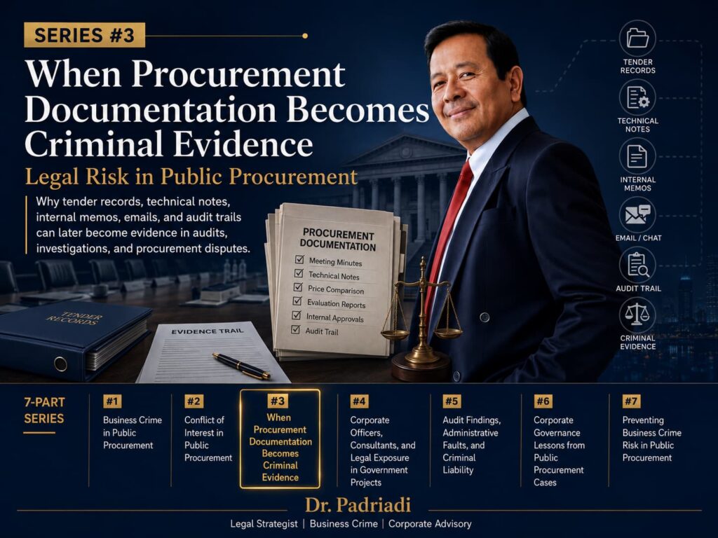 Legal team reviewing procurement documentation as potential criminal evidence in a public procurement risk assessment